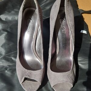 Candie's Taupe Suede Peep-Toe Heels